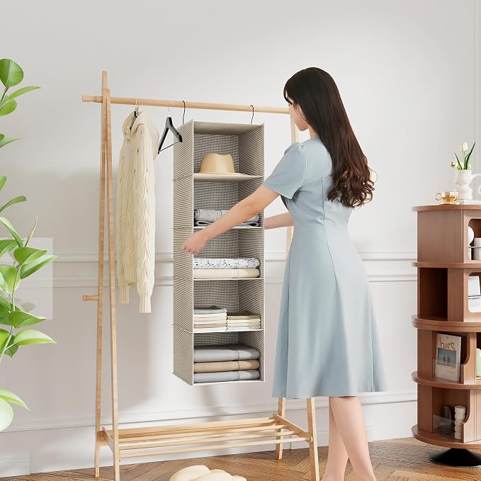 Hanging Closet Organizer 5-Tier, Oxford Wardrobe Storage, Beige Houndstooth | Easy-mount foldable design holds clothes, handbags, shoes & accessories; washable Oxford fabric, sturdy and space-saving.