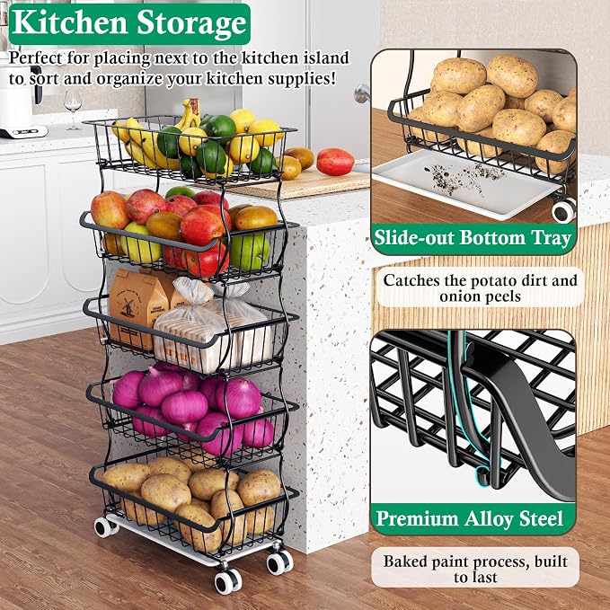 OKZEST 5 Tier Fruit Basket for Kitchen, Stackable Bins Wire Rack with Wheels, Fruit and Vegetable Storage Basket Pantry Food Snack Organizer Shelf, Kitchen Storage Cart for Onion and Potato, Produce | Kitchen pantry organizer rack with dirt catch tray,...