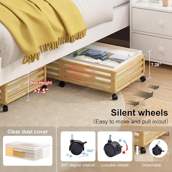 Under Bed Storage with Wheels, 2 Pack Bamboo Drawers for Shoes and Clothes | Fitted dustproof bags, stackable design, smooth pullout access for bedding, blankets, toys and seasonal essentials