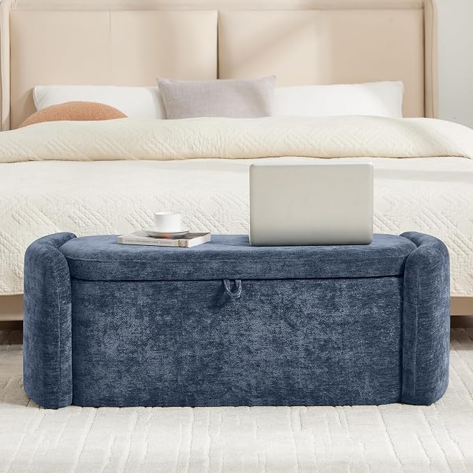 Oval Ottoman Bench with 20 Gal of Storage Space Upholstered Chenille Seat End of Bed Storage Bench Storage Ottoman with Storage for Bedroom, Living Room, Entryway, Window(Blue)