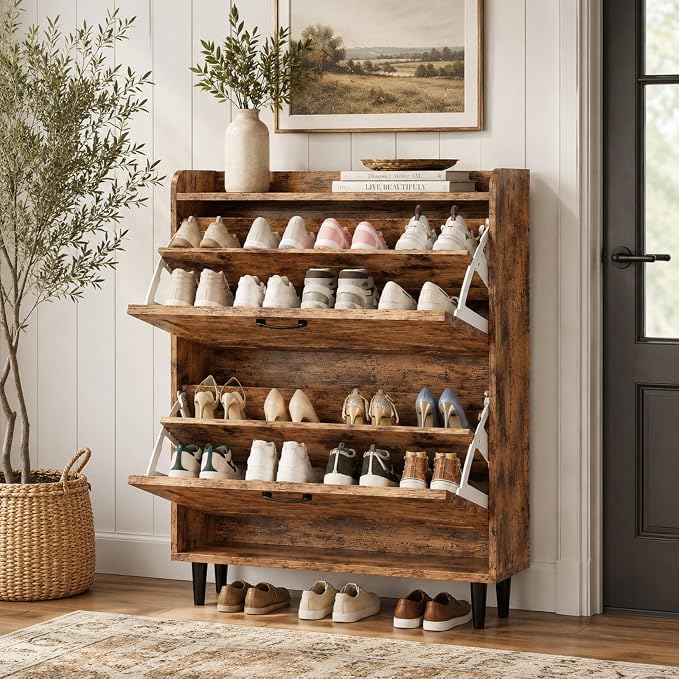 VINGLI Shoe Storage Cabinet for Entryway with 2 Flip Drawers, Ultra Slim Freestanding Entryway Shoe Organizer with Wood Tapered Legs,Hidden Closed Shoe Rack,31.6" W * 9.4" D * 39.4" H, Rustic Brown