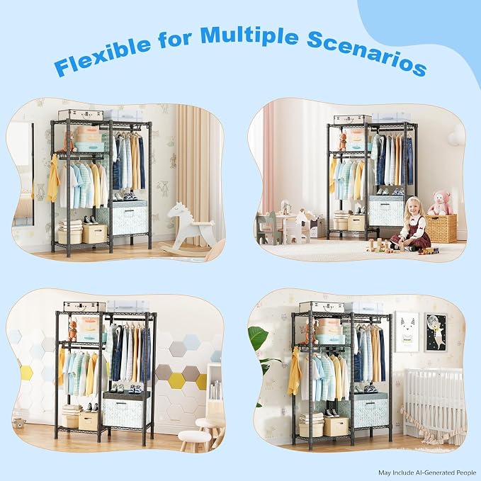 F1 Garment Rack for Kids, Baby, Students, and Children's Room, 4 Tiers Freestanding and Portable Heavy Duty Closets, Small Metal Clothes Rack with 2 Hanging Rod, 31.2" W x 11.8" D x 48" H, Black | Small Clothing Racks with 2 Hanger Rods for Hanging Bab...