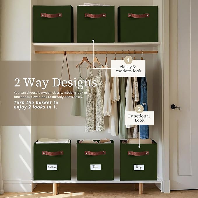 DECOMOMO Storage Bins, Cube Storage Bin with Labels | 13" x 13" x 13" Fabric Storage Cubes for Shelves (6pcs, Olive Green)