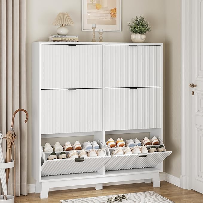 Xixini Shoe Cabinet with 6 Flip Drawers, 54" Tall Narrow Fluted Shoe Storage Organizer for Entryway, Hidden Slim Wooden Shoe Rack Cabinet for Front Door Entrance, Hallway, Living Room, Solid White