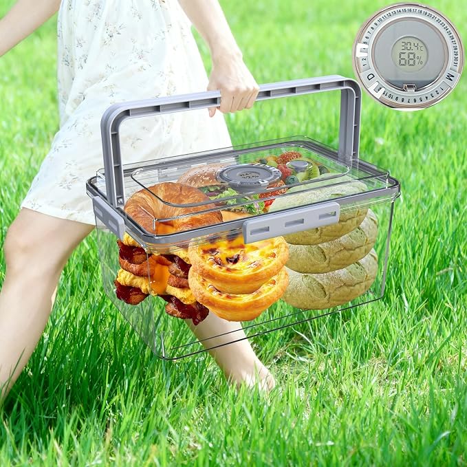 Bread Box With Digital Hygrometer, Portable Bread Boxes with Lid and Handle,New Upgrade Time Recording Bread Storage Container for Homemade Breads,Toast, Bagel, Donut and Cookies,Gifts for Mom Dad
