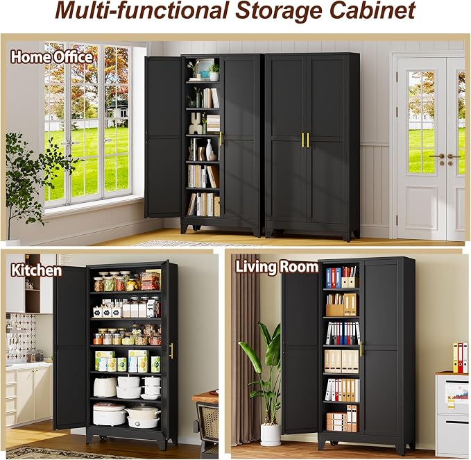 75" Black Tall Metal Storage Cabinet with 2 Doors and 5 Adjustable Shelves,Steel Garage Tool Cabinet, File Cabinet,Kitchen Pantry Cabinet for Home,Office,Garage,School,Warehouse