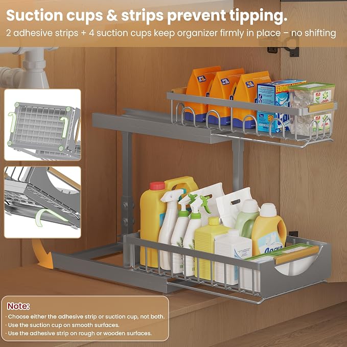 Under Sink Organizer and Storage 2 Tier Cabinet Pull Out Shelf Organizers | 2 Pack 2 Tier under sink storage for Bathroom and Kitchen Slide Out Drawer Organization for Home Cabinets Shelves and Drawers