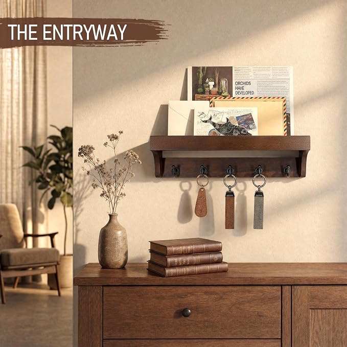 Walnut Wood Key Holder Wall Mount for Room Decor and Organization, Brown | Key Holder for Wall with Shelf for Plants & Cute Things,5 Sturdy Key Hooks,Can Also Hang Dog Leashes,Ideal for Home Decor