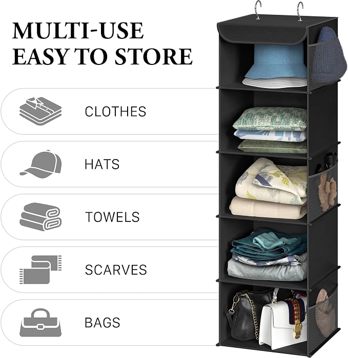 Simple Houseware 5 Shelf Hanging Closet Organizer, Black | 360° Rotating Dual Hooks, Top Support Metal Frame, 6 Side Mesh Pockets