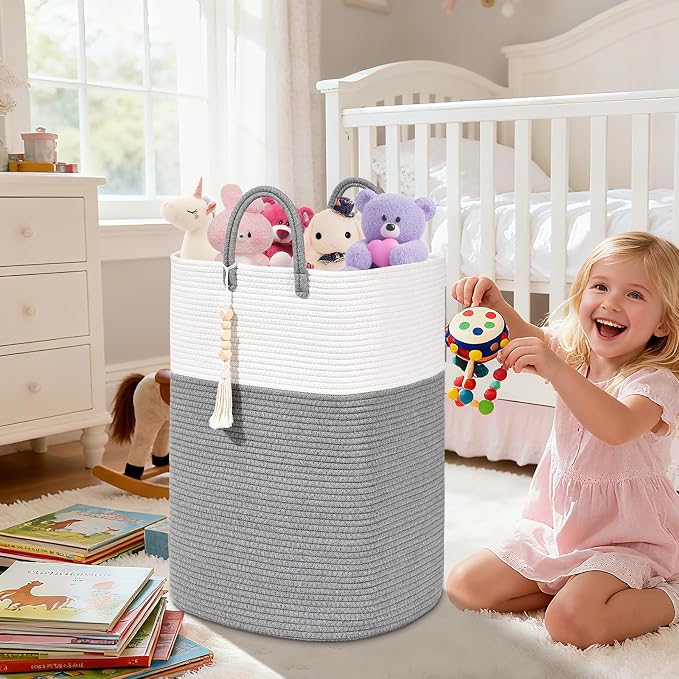 Woven Laundry Basket for Clothes, 100L Large Rectangle Laundry Hampers with Beads Tassel, Nursery Storage Basket for Toys, Tall Dirty Clothes Hamper for Bedroom Aesthetic, Laundry Room Organization