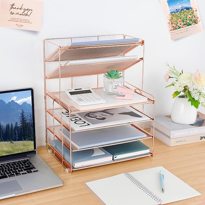 OPNICE Desk Organizers and Accessories, 6-Tier Letter Tray Paper Organizer, Desktop File Organizer, Office Desk Accessories for Office Supplies (Rose Gold)