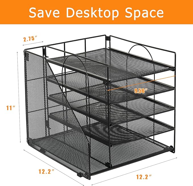 LEKETREE Desk Organizers and Accessories, 5-Tier Paper Letter Tray Organizer with File Holder, Desktop Organizer for Office Supplies (Black)