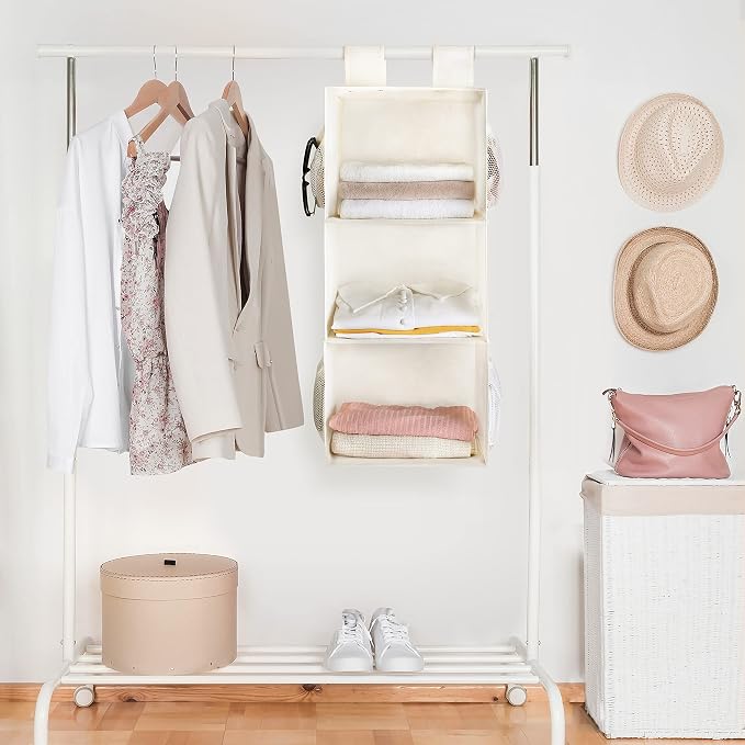 MAX Houser 3-Shelf Hanging Closet Organizer with 2 Velcro, Beige | Hanging Sweater Organizer, Foldable Hanging Shelves for Closet