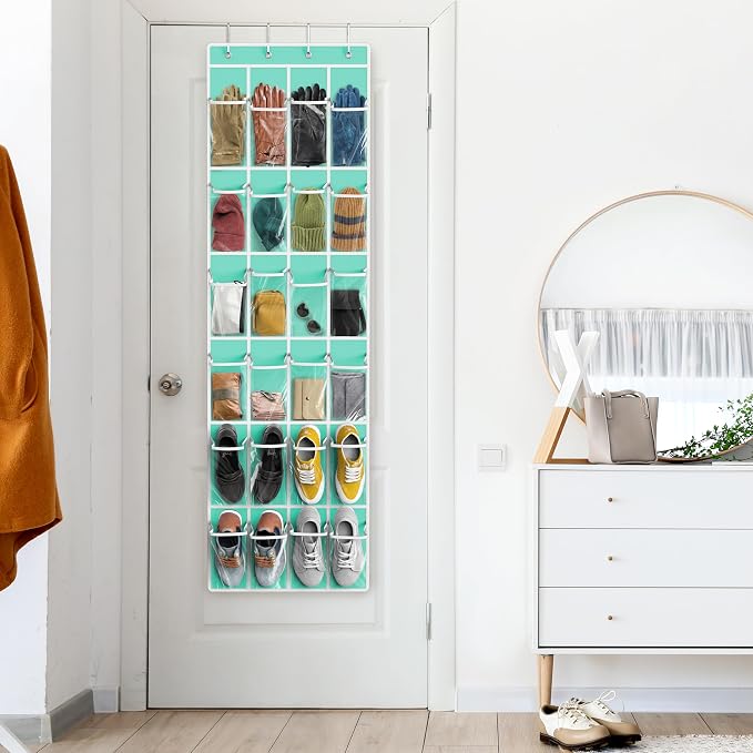 Simple Houseware 24 Pockets Clear Over the Door Shoe Organizer, Turquoise | 64" x 19", 4 Durable Metal Hooks, 4.3" x 9.5" Pocket Size, Multipurpose