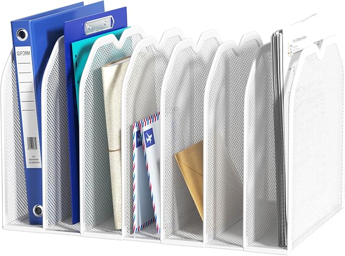 FANXIYQ White 7-Section File Folder Organizer for Desk, Metal Vertical File Holder Stand, Desktop File Organizer Rack for Letter/A4 Folders, Papers, Books, Office Classroom Home