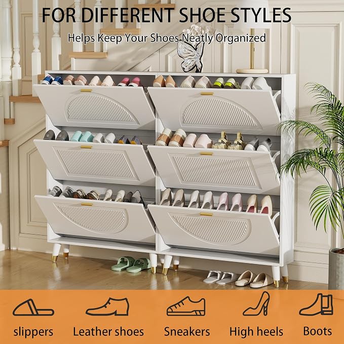 Narrow Shoe Cabinet Storage for Entryway: Cabinet Shoe Rack Organizer, White Shoes Cabinets with 6 Flip Drawers, Modern Shoes Storage Entryway for Front Door Entrance (2 Piece, 32")