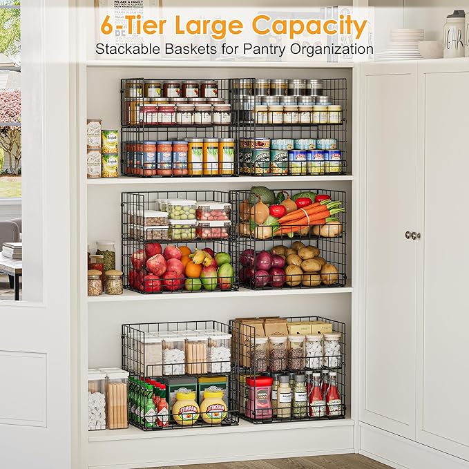 JKsmart 6-Tier XXL Stackable Wire Basket, Snack Organizer for Countertop | Pantry Organizers and Storage with Dividers & Handles, Can Organizer Space Saving Storage Bins for Snacks Fruits Veggies