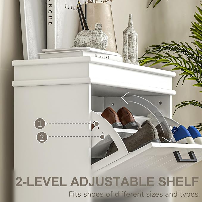 HOMCOM Narrow Shoe Cabinet with 2 Flip Drawers, Modern, for Entryway, White | Freestanding Small Shoe Storage Cabinet, Adjustable Shelves, Hallway