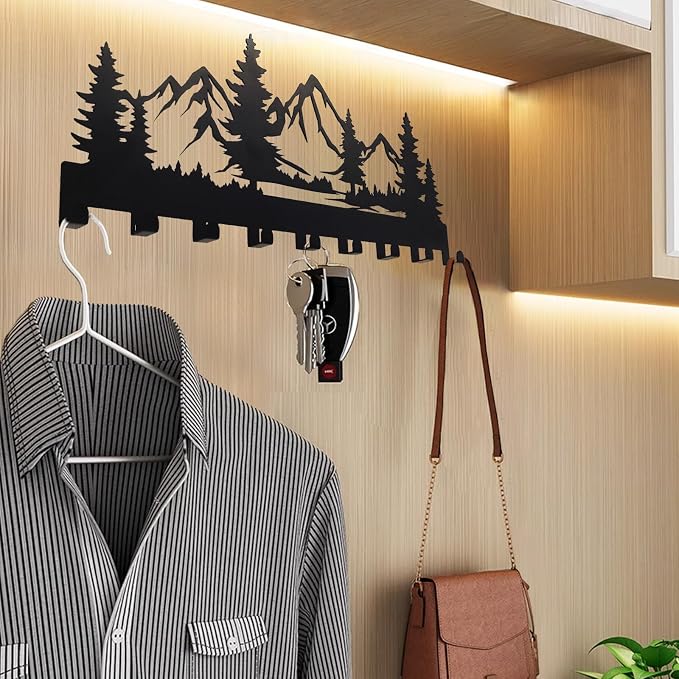 Metal Key Holder, Wall Mounted Key Hooks, Key Holder for Wall, Key Organizer Rack with 9 Hooks, Key Hanger Decor for Kitchen, Entryway, Hallway, Bedroom, Doorway (Mountain 14IN)