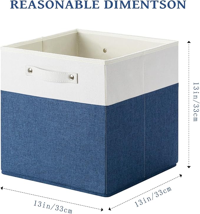FinishingBo 13x13x13 Storage Cube Bins 4 Pack, Cube Shelf Baskets | Foldable Storage Cubes, Linen Storage Bins with Handles, Closet Organizers, White/Blue