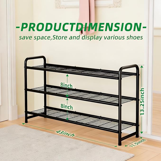 Ekisemio 3-Tier Long Metal Shoe Rack, Wide Stackable Shoe Organizer for Closet & Entryway, with Sturdy Wire Grid Storage Shelf for Bedroom, Black