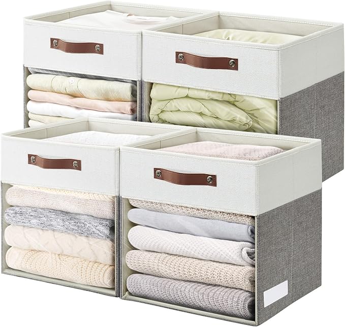 Storage Cubes, 4 Pack Linen Foldable Storage Bins with Clear Window and 2 Handles, 13x15x13 Storage Cube Bins for Shelf Closet, Kallax, Clothes, Books - (Gray / Off-White)