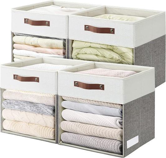 Storage Cubes, 4 Pack Linen Foldable Storage Bins with Clear Window and 2 Handles, 13x15x13 Storage Cube Bins for Shelf Closet, Kallax, Clothes, Books - (Gray / Off-White)