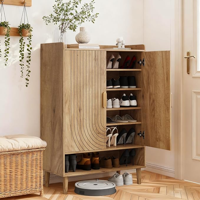 Smuxee Oak Shoe Cabinet with Line Groove Design, 6-Tier Shoe Storage Cabinet with Adjustable Shelves, Freestanding Shoe Organizer Cabinet for Entryway, Hallway, Closet, Living Room