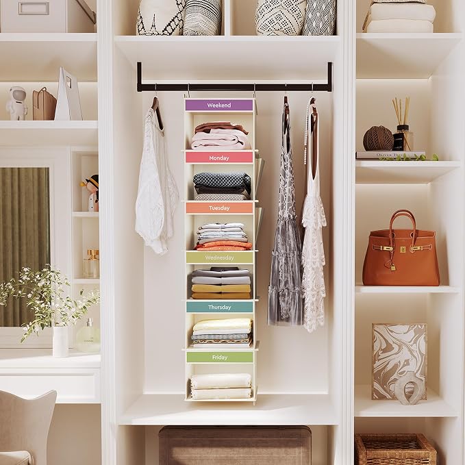 YOUDENOVA Weekly Clothes Organizer for Kids, Hanging Closet Organizer | Days of the Week Clothes Organizer, Reinforced Bamboo Slats, Kids' School Outfit Planning, Breathable Fabric, 2 Side Pockets