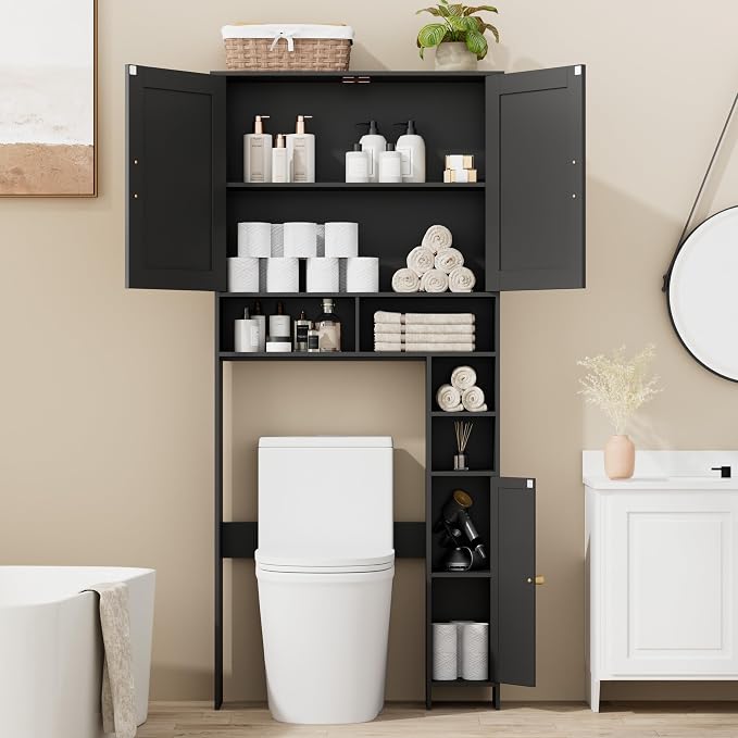 Homhedy Wooden Over The Toilet Storage Cabinet, Natural and Black | Bathroom Organizer with Rattan Decorated Doors, Adjustable Shelves, Toilet Paper Holder, for Small Spaces