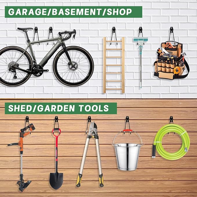 GURADESIGN 4-Piece Garage Hooks Wall Mount Storage Hanger with 4 Extension Cord Holder Organizer, Heavy-Duty Steel, 7.5 inch Ladder Hooks for Garage Wall