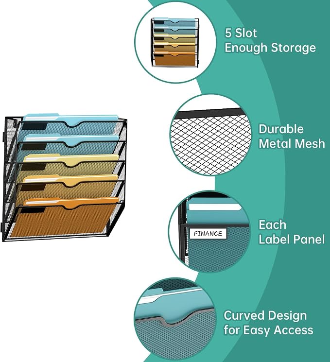 SUPEASY 5 Tier Wall File Organizer, Hanging Wall Mounted Mail Organizer with Label Slots, Metal Mesh File Holder Magazine Rack for Office, Home, School or Classroom, Black