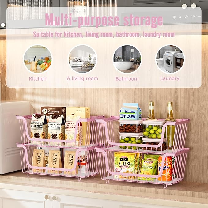 4 Pcs Stackable Wire Baskets for Pantry Organizers and Storage,pink, | Vegetable Fruit Basket for Countertop,Kitchen Storage Metal Baskets,Produce Potato Onion Storage Bin,