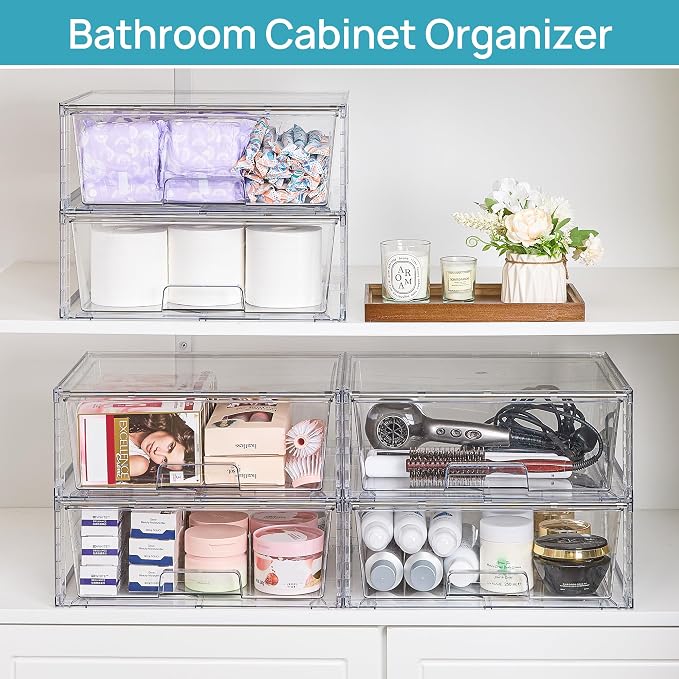 Vtopmart 3 Pack Large Clear Stackable Storage Drawers | Easily Assemble Bathroom Closet Undersink Organizers,Plastic Bins for Cabinet,Kitchen Pantry,Medicine Organization
