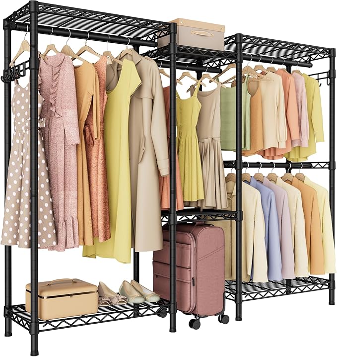Golpart Heavy Duty Clothes Rack Metal Wardrobe with Adjustable Wire Shelves | Closet Organizers and Storage Clothing Rack Metal System Freestanding Hanging Clothes System Free Standing Garment Coat Racks