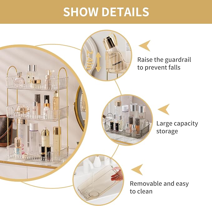 Akinbas 3 Tier Bathroom Organizer Countertop Makeup Perfume Tray Skincare Organizer for Bathroom Dresser Vanity (White)