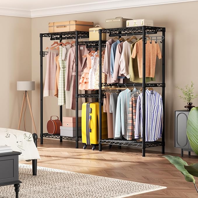 Golpart Heavy Duty Clothes Rack Metal Wardrobe with Adjustable Wire Shelves | Closet Organizers and Storage Clothing Rack Metal System Freestanding Hanging Clothes System Free Standing Garment Coat Racks