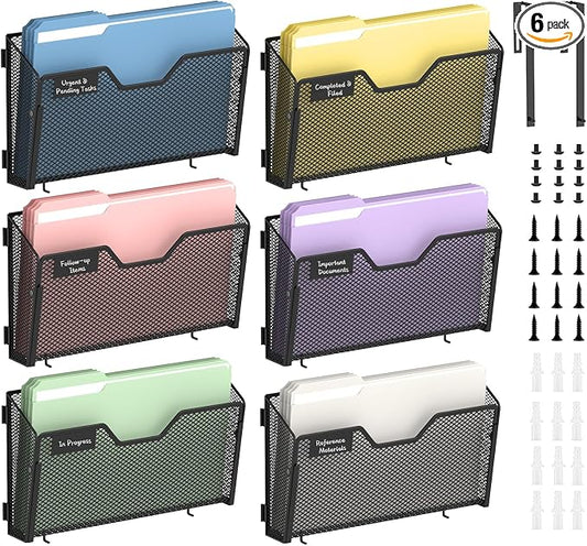 Wall File Organizer, 6 Pack Metal Wall File Holders, Black | Wall organizer with mesh pockets, label panels and hook or screw mounting for A4 and letter files at home, office or school