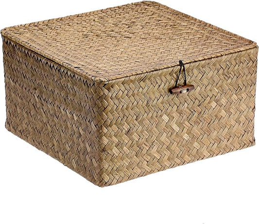 Hipiwe Handwoven Storage Box with Lid Seagrass Wicker Shelf Basket Bin Household Organizer for Bookshelf Living Room Bath Room, Coffee, X-Large