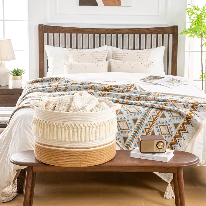 KAKAMAY Large Blanket Basket with Handles, Storage Basket for Living Room | Extra Large Capacity | Natural Cotton Rope | Blanket Storage | Woven Storage Basket | Stuffed Animal Storage | Laundry Basket