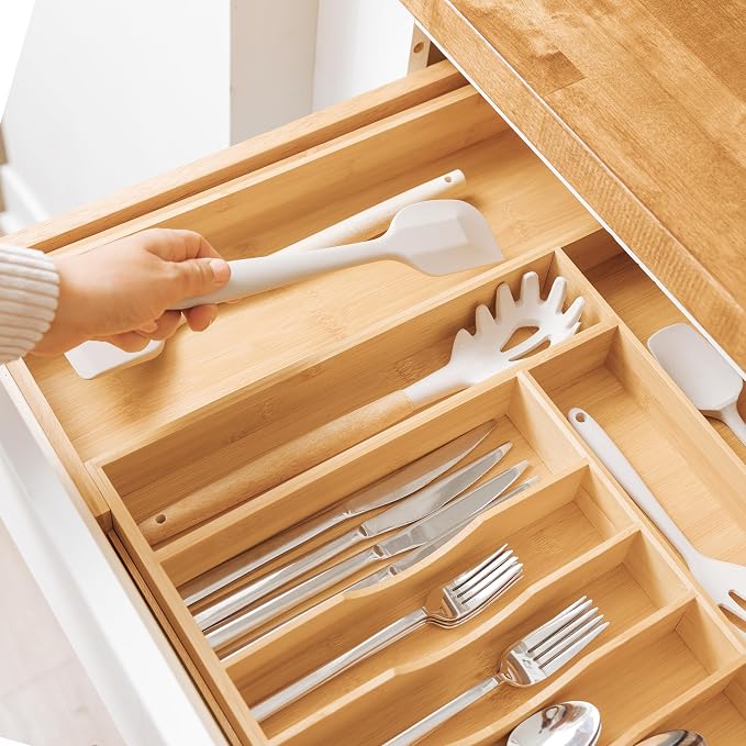 KitchenEdge Silverware & Utensil Drawer Organizer, 14-25 in, Bamboo | Cutlery, flatware, food-safe contract grade, kitchen drawer fit