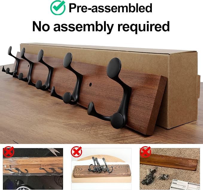 WEBI Coat Rack Wall Mount,30" Solid Wood Coat Hooks Wall Mounted Coat Hanger,16" Hole to Hole,Heavy Duty 5 Triple Hooks for Hanging Coats,Jacket,Hat,Backpack,Farmhouse,Reddish Brown,2 Packs