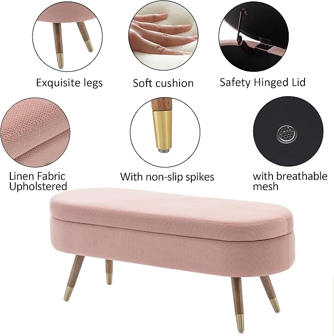 IAFIKE Oval Storage Bench 43.5" Ottoman Bench Upholstered Boucle Fabric Footrest Bench with Golden Metal Legs End of Bed for Bedroom, Living Room, Entryway,Bed Side (Pink)