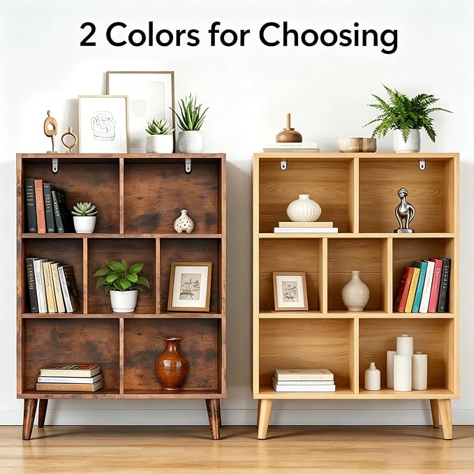 HealSmart 7 Cube Storage Organizer, 3 Tier Bookshelf with Legs, Free Standing Cube Bookcase for Living Room, Bedroom, Office, Wood