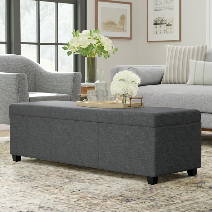 SIMPLIHOME Avalon 54" Wide Vegan Leather Storage Ottoman in Brown | Contemporary lift-top ottoman with high-density foam; rectangle storage bench or coffee table for living room or entryway.