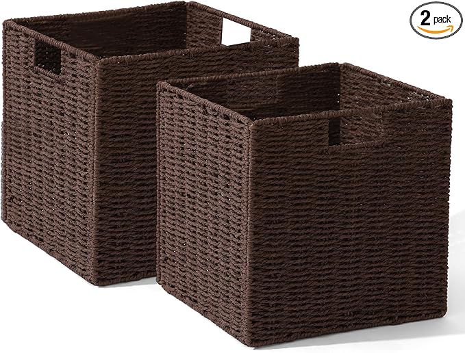 Set of 2 Hand-Woven Paper Rope Wicker Baskets, Storage Basket, Foldable Cube Storage Bins, Brown Storage Cubes, Square Baskets for Organizing Shelves Decor, 12x12x12in