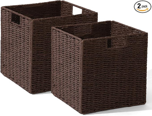 Set of 2 Hand-Woven Paper Rope Wicker Baskets, Storage Basket, Foldable Cube Storage Bins, Brown Storage Cubes, Square Baskets for Organizing Shelves Decor, 12x12x12in