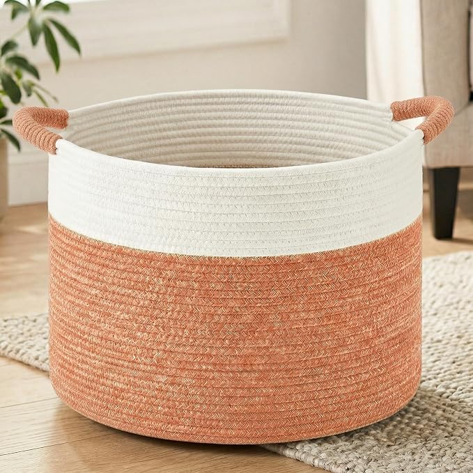 Artfeel 100L Large Cotton Rope Basket, Decorative Woven Blanket Storage for Living Room, Boho Toy Storage & Toy Box for Kids, Versatile Laundry Basket & Nursery Hamper for Blankets(Orange)