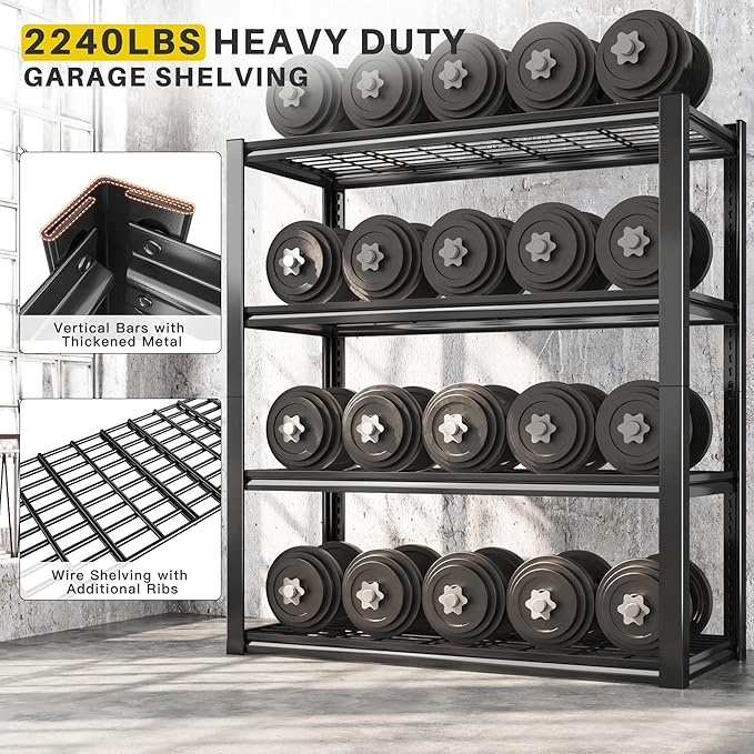 REIBII 40" W Storage Shelves with Wire Mesh Panels for Garage Organization | 560Lbs/tier, 40" W x 19.5" D x 59.5" H, Adjustable, 4-Tier, Double-Layer Frame, Rustproof Finish, for Basement Warehouse, 3Pc