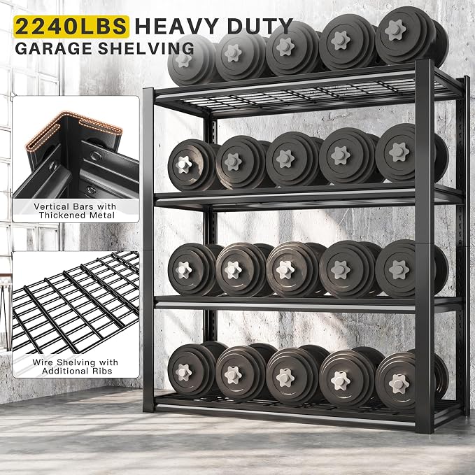 REIBII 40" W Storage Shelves with Wire Mesh Panels for Garage Organization | 560Lbs/tier, 40" W x 19.5" D x 59.5" H, Adjustable, 4-Tier, Double-Layer Frame, Rustproof Finish, for Basement Warehouse, 4Pc